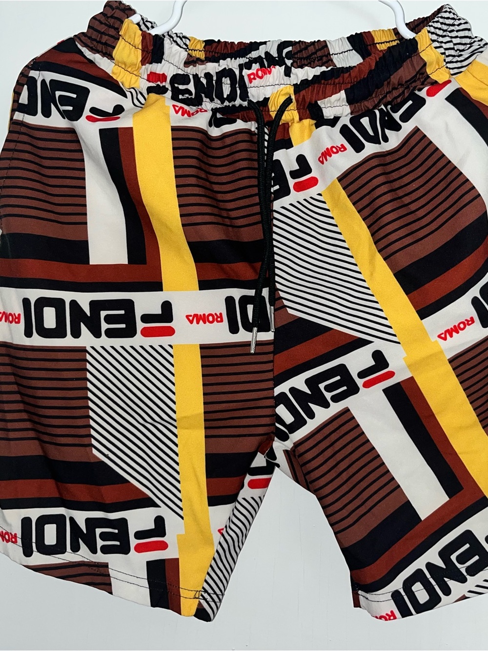 Fendi Men's Multi-Color Graphic Swim Shorts — Brown, Yellow, Black, White